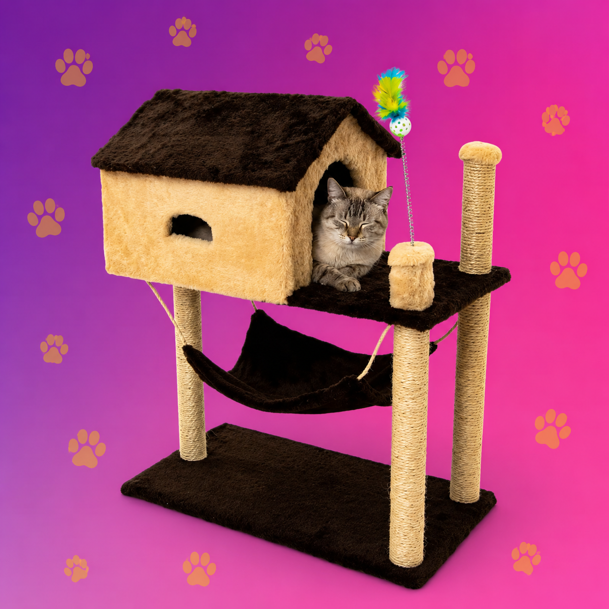 Arranhador para gatos com casinha playground 2 andares e rede