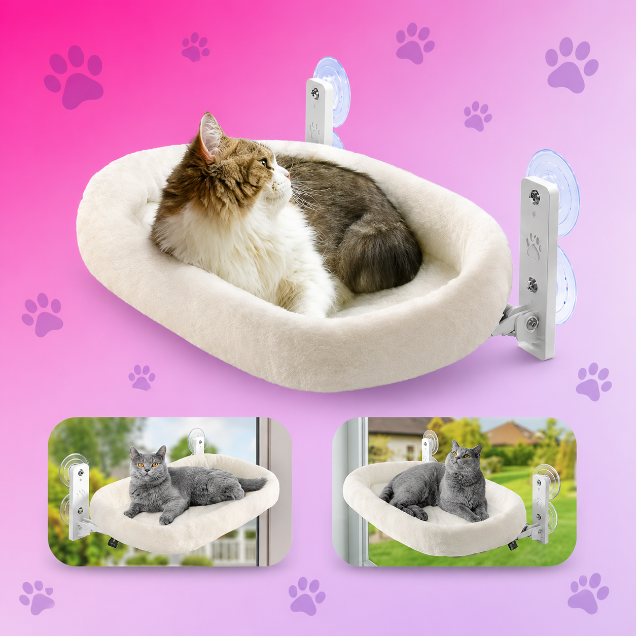 Cama suspensa de janela para gatos com ventosas e pelúcia
