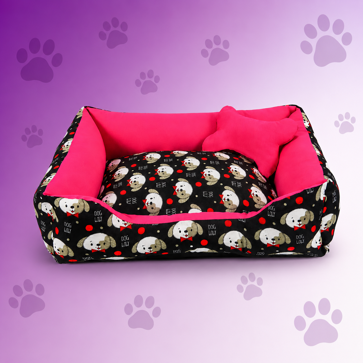 Caminha impermeável para cachorro estampada com carinhas de cachorro, interior rosa e ossinho de brinde