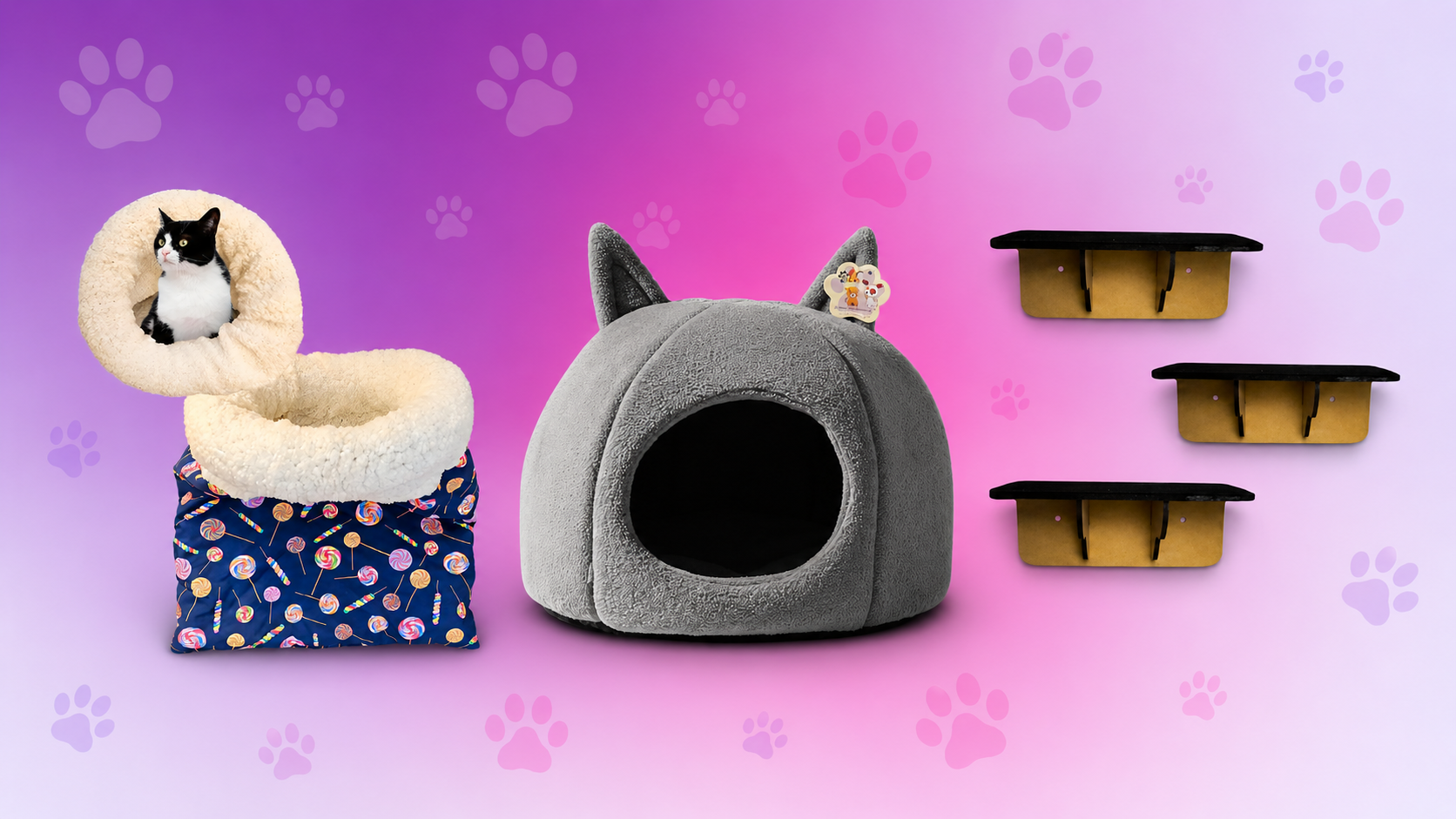 Kit conforto para gato: toca iglu, cama saco de dormir e prateleiras de parede