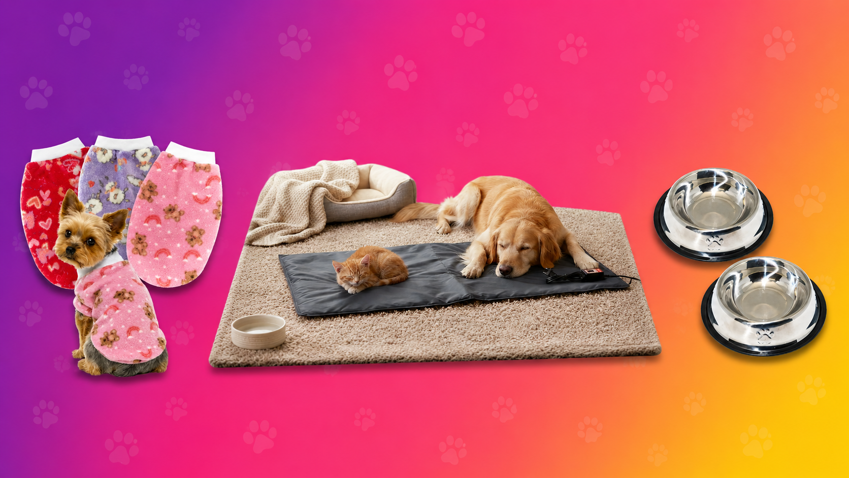 Kit inverno para pets: colchão térmico, roupinha de frio e tigelas inox lado a lado
