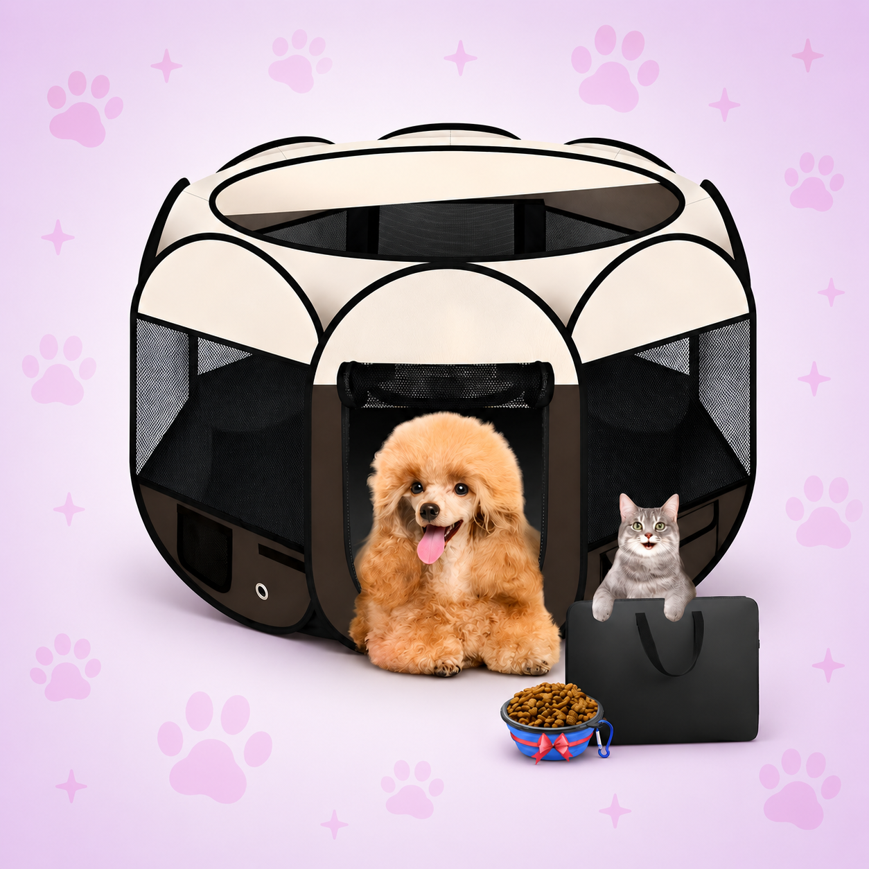 Cercado pet octagonal dobrável bege e marrom 100x100x60cm para cachorros
