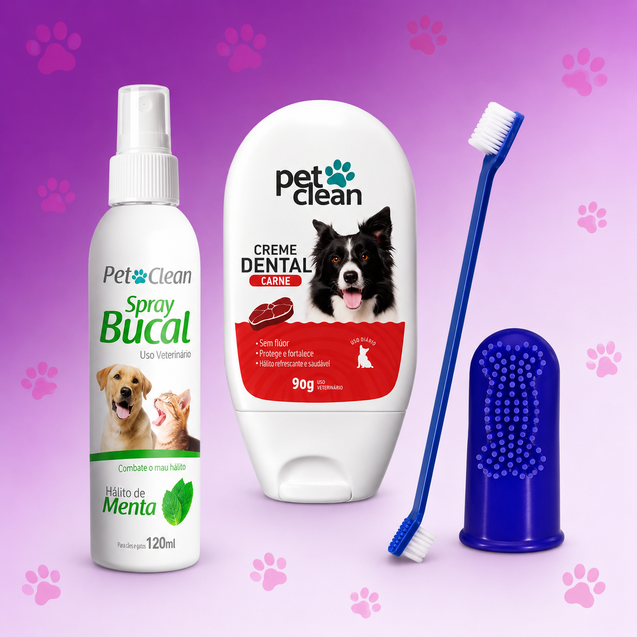 Kit higiene dental Pet Clean para cães — spray bucal menta, pasta carne, escova e dedeira
