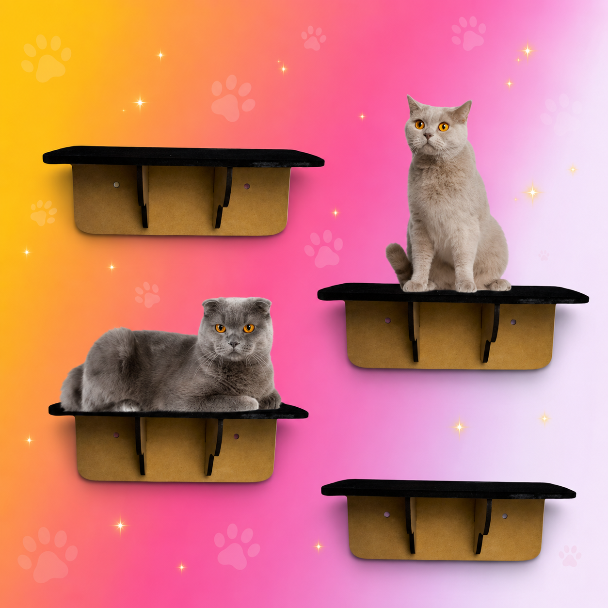 Kit com 4 prateleiras de MDF castanho para gato fixadas na parede, da marca Grupo Paraíso MDF