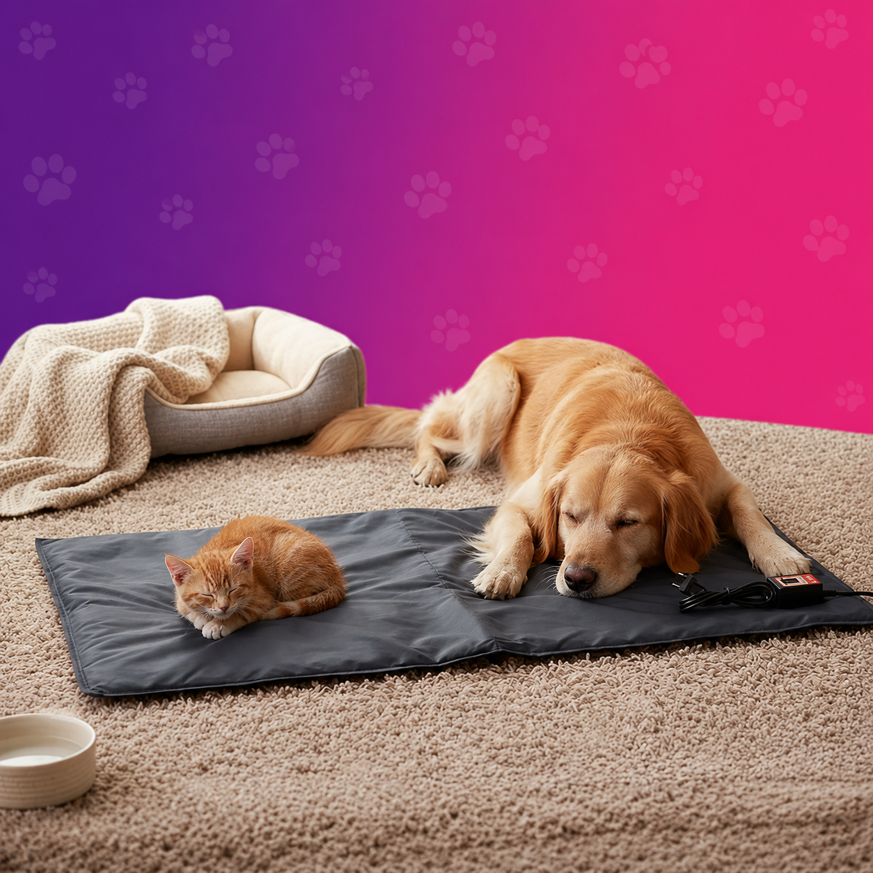 Colch&atilde;o T&eacute;rmico Veterin&aacute;rio 110v/220v 100x45cm com c&atilde;o e gato deitados