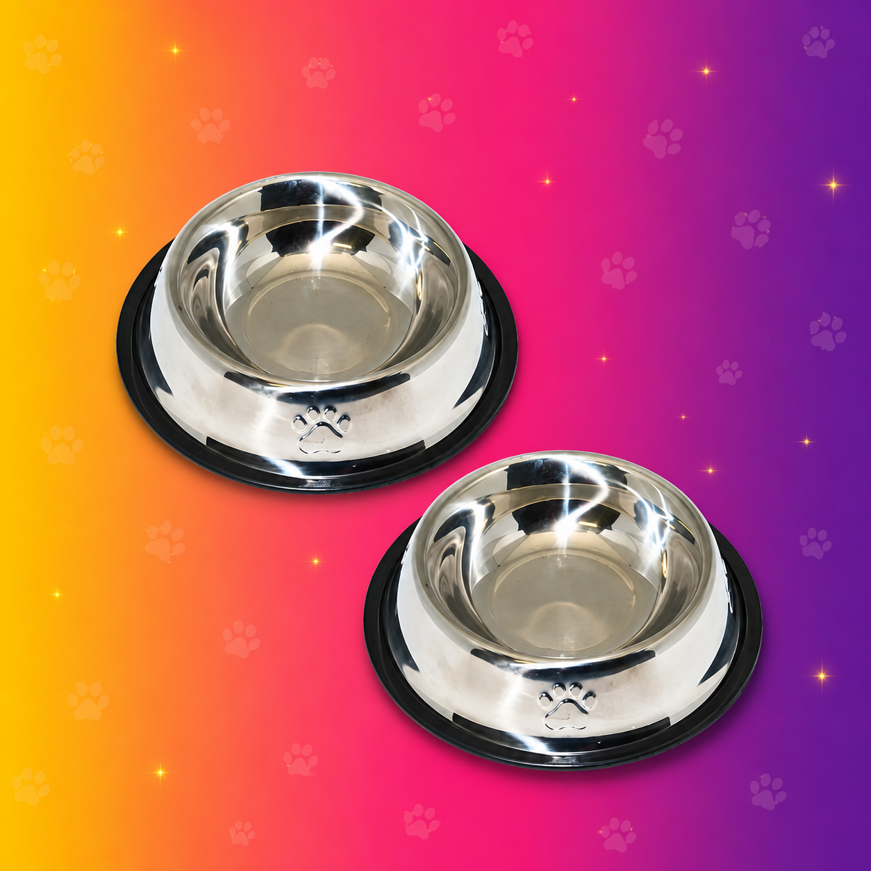 Kit 2 Tigelas Inox para Pets com base antiderrapante preta e emblema de patinha