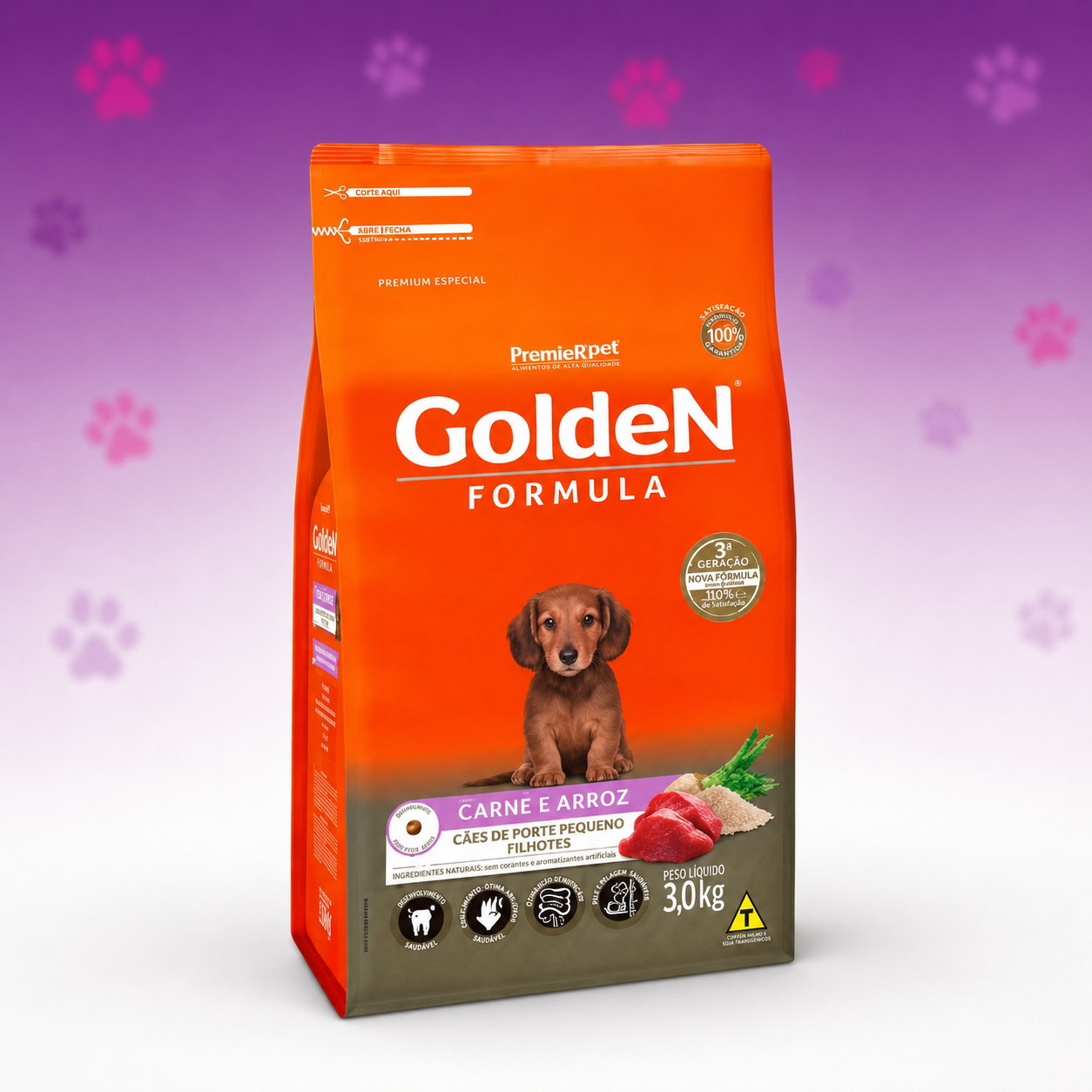 Ração Golden Cães Filhotes Raças Pequena Carne/arroz 3kg