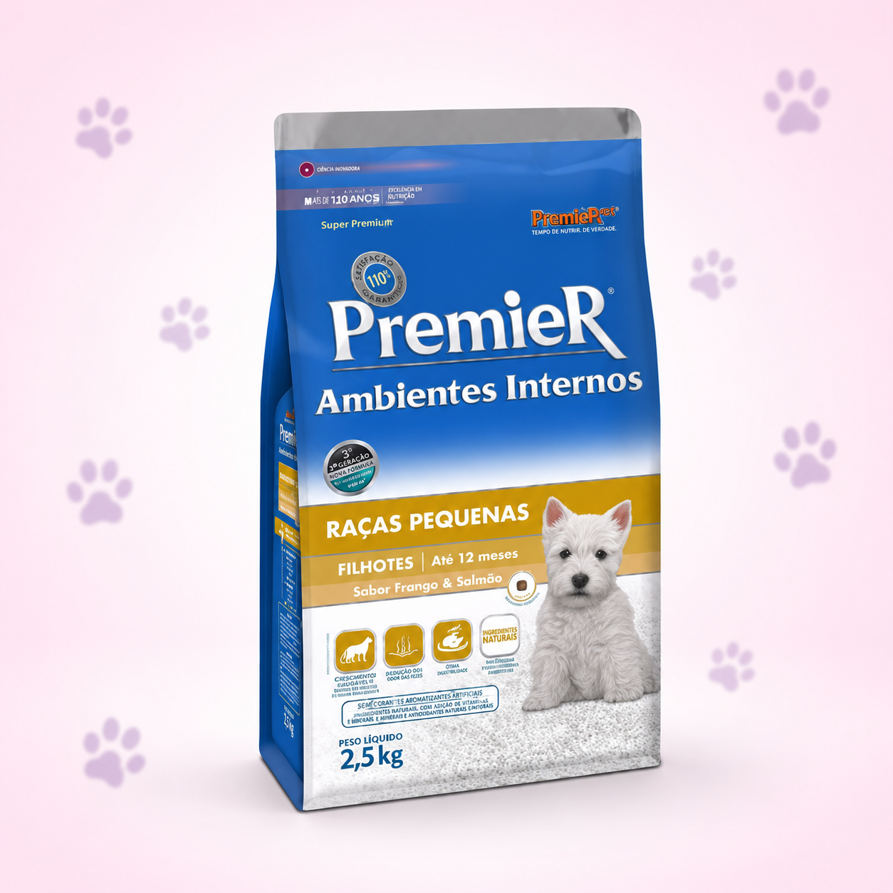Ração Premier Cães Filhotes Raças Pequenas Ambientes Internos Sabor Frango e Salmão 2,5kg