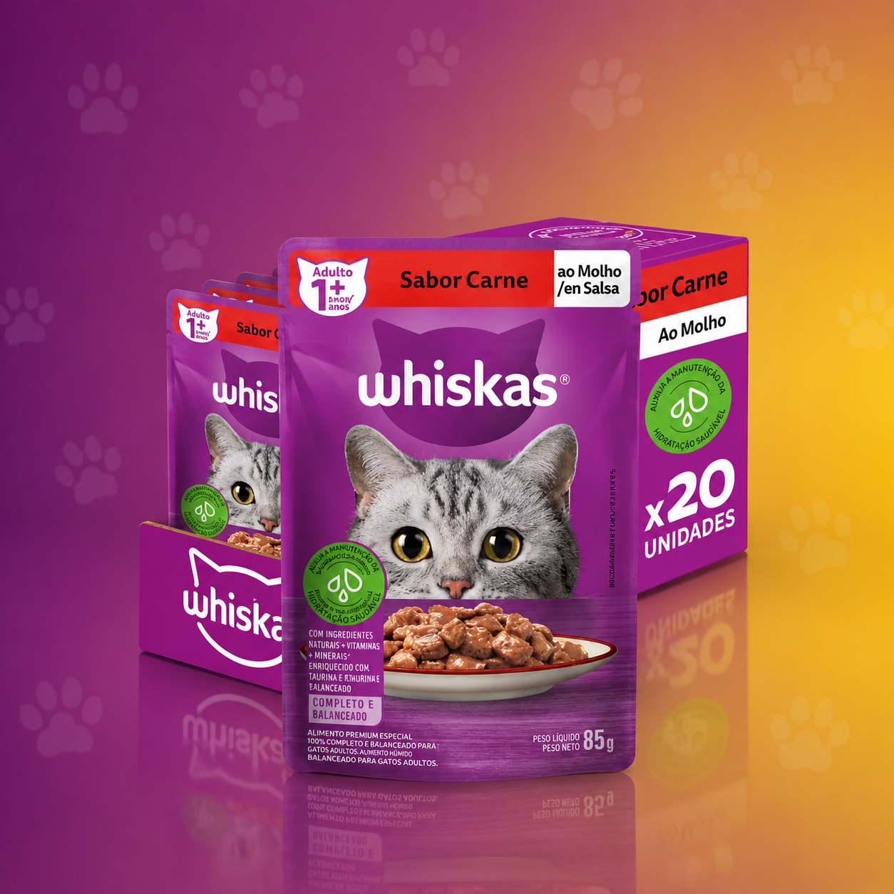 Ração úmida Whiskas sachê sabor carne ao molho para gatos adultos 85g 20 unidades