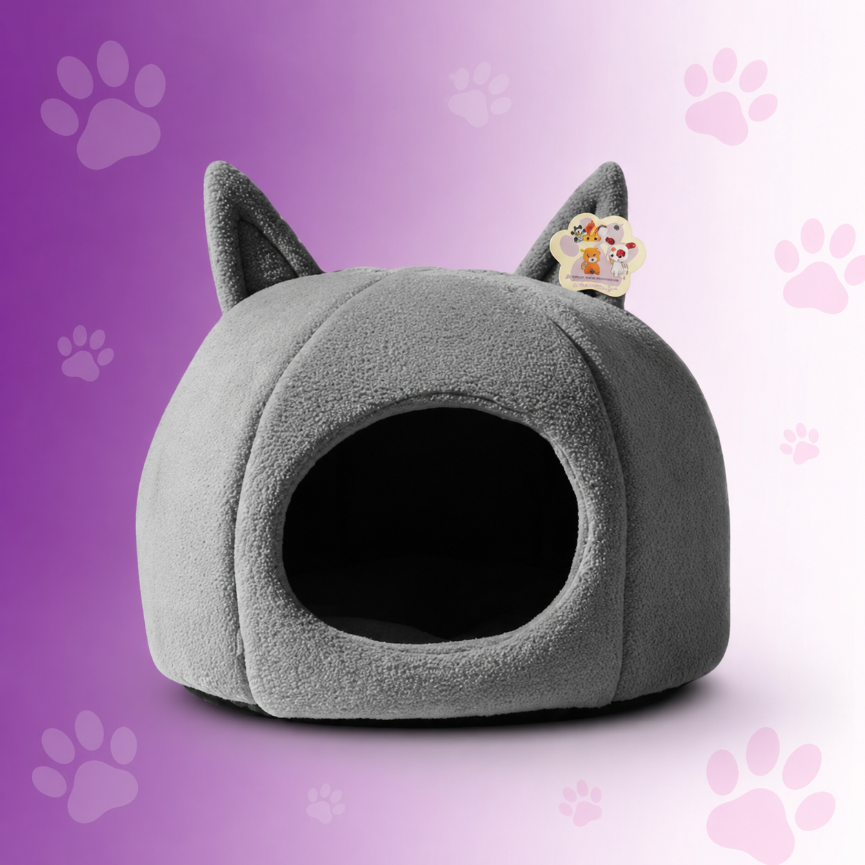Toca iglu de pelúcia cinza para gato com detalhes de orelhinhas, da marca DRICÃOPET