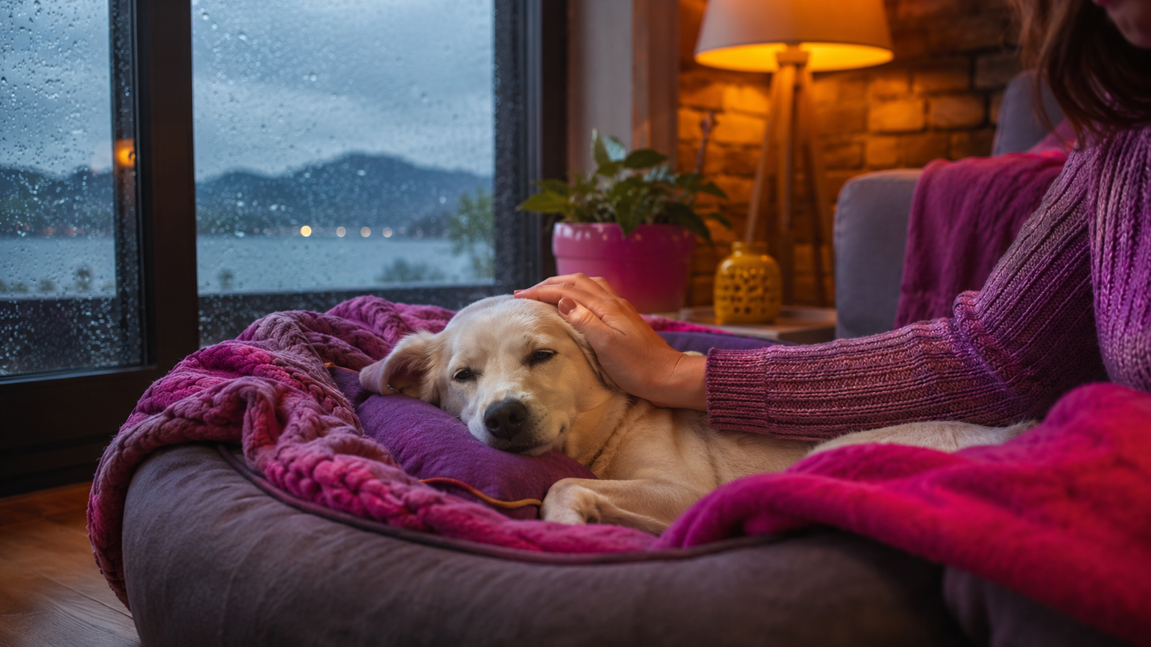 Cão agasalhado tossindo levemente, sendo observado com atenção pelo tutor em ambiente aconchegante de inverno