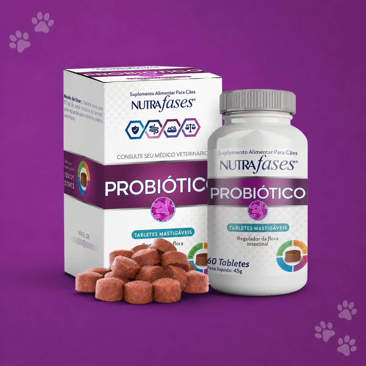 Suplemento vitamínico probiótico Nutrafases para cães, embalagem com 60 tabletes mastigáveis sabor carne