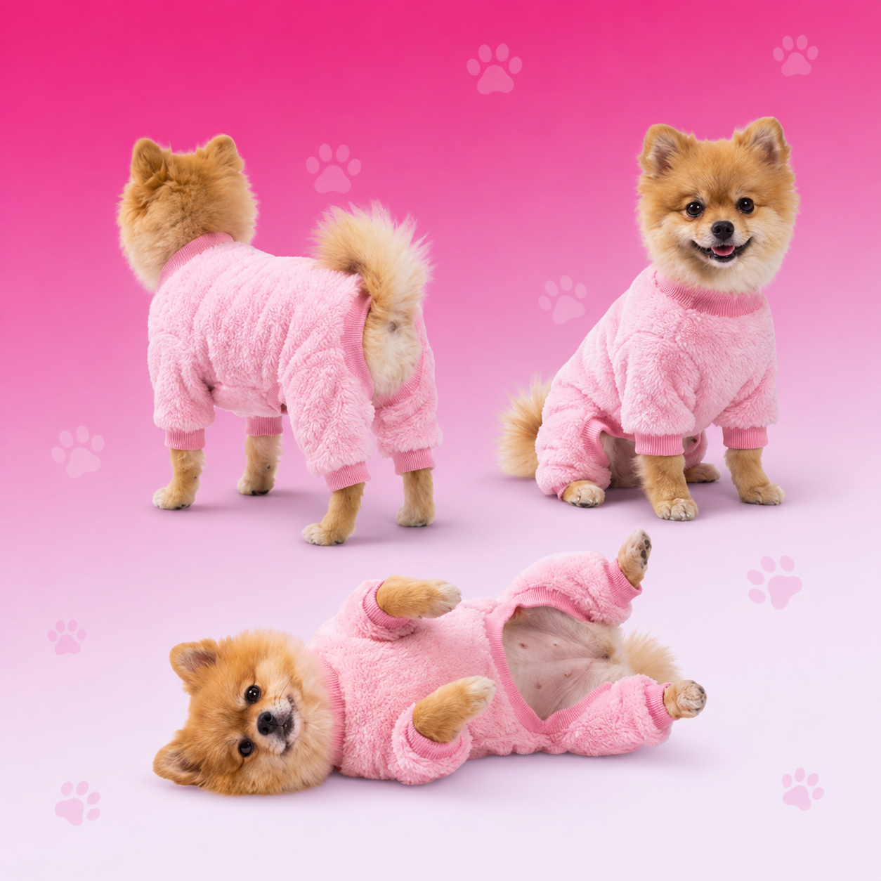 Roupa de frio em tecido pelúcia para cães e gatos, modelo rosa vestido em um Pomerânia