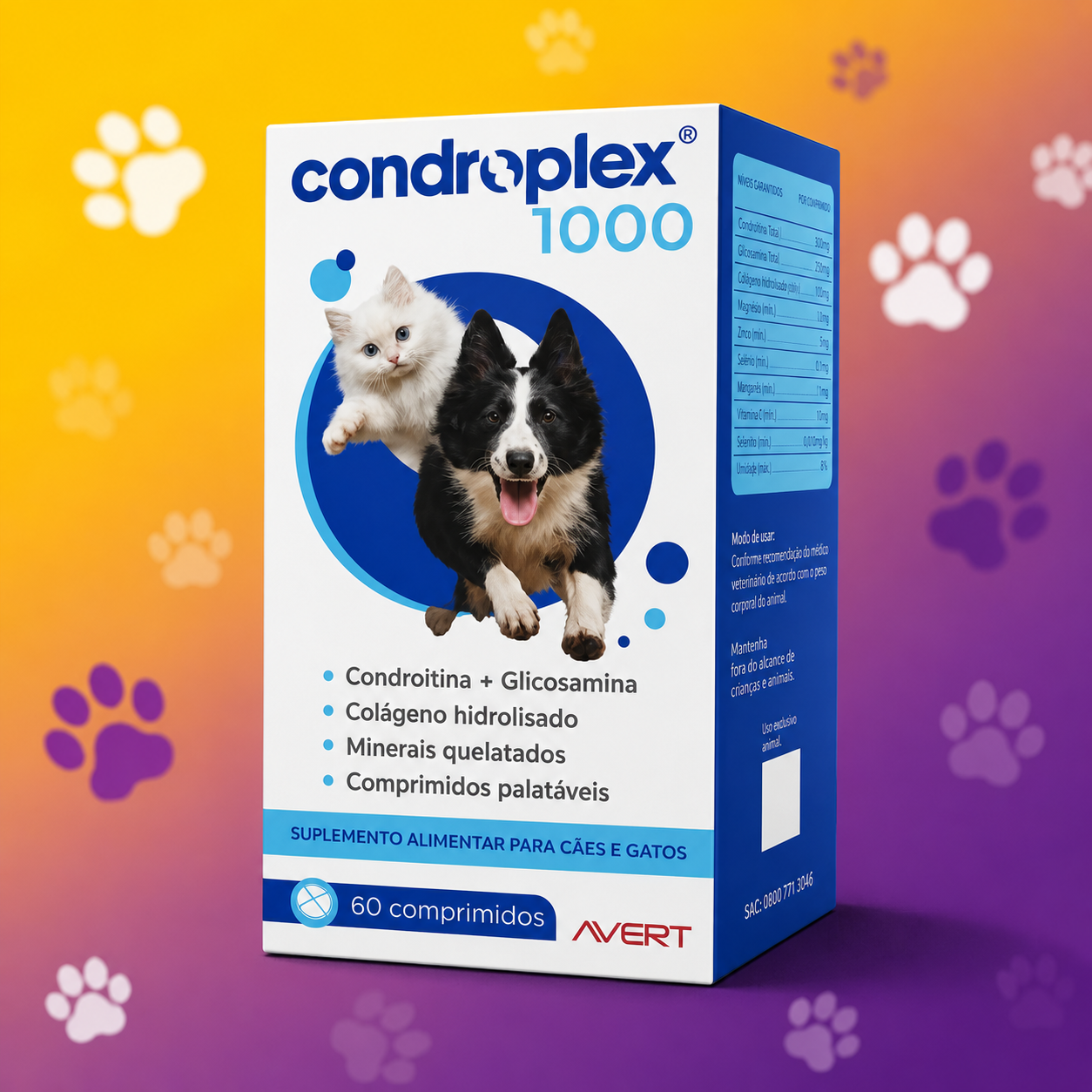 Condroplex 1000 Avert condroprotetor para cães e gatos, caixa com 60 comprimidos