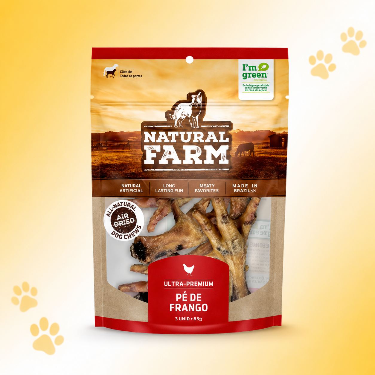 Pé de Frango Natural Farm — pacote com 5 unidades, petisco natural desidratado para cães